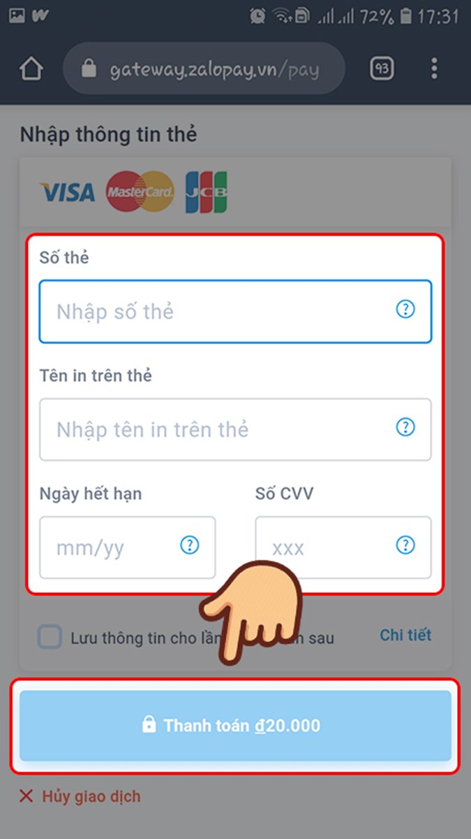 Điền thông tin thẻ và chọn Thanh toán