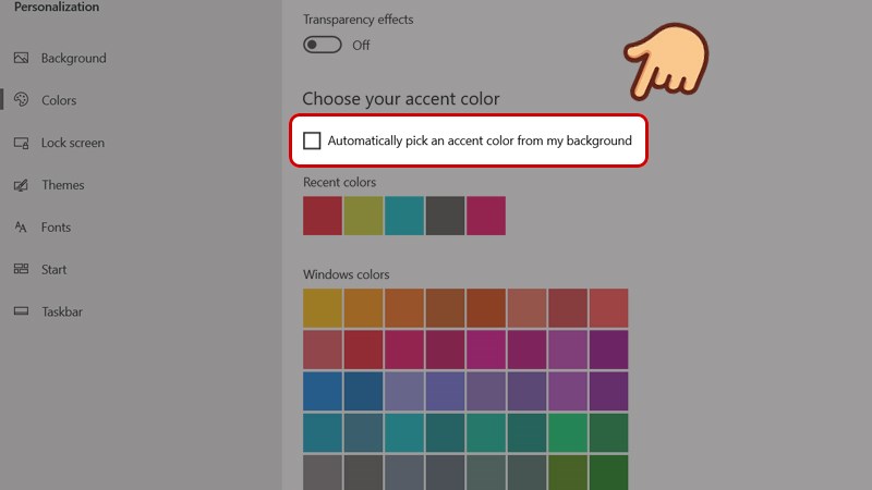 Ngoài ra bạn cũng có thể tích vào ô Automatically pick accent color from my background để thanh Taskbar hiển thị màu cùng tông hình nền background của bạn