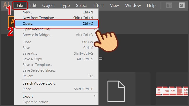 Mở file Adobe Illustrator bằng cách chọn File > Open