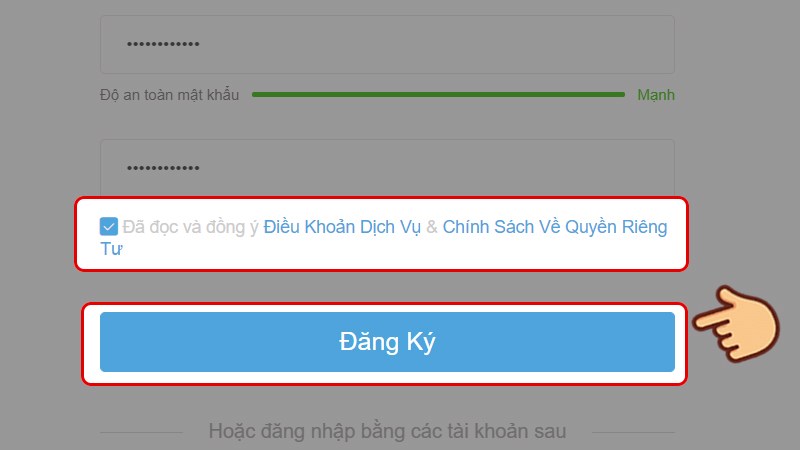 Tích vào ô Đã đọc và đồng ý Điều Khoản Dịch Vụ & Chính Sách Về Quyền Riêng Tư, tiếp đến chọn Đăng Ký