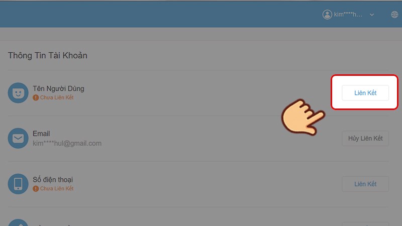 Để đặt tên tài khoản, tại mục Tên người dùng, bạn chọn vào Liên kết
