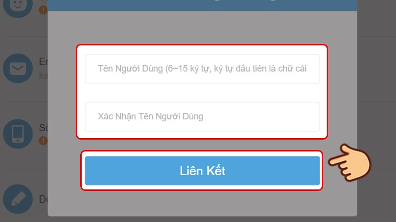 Đặt tên tài khoản của bạn và nhập xác nhận tên tài khoản, Chọn Liên kết