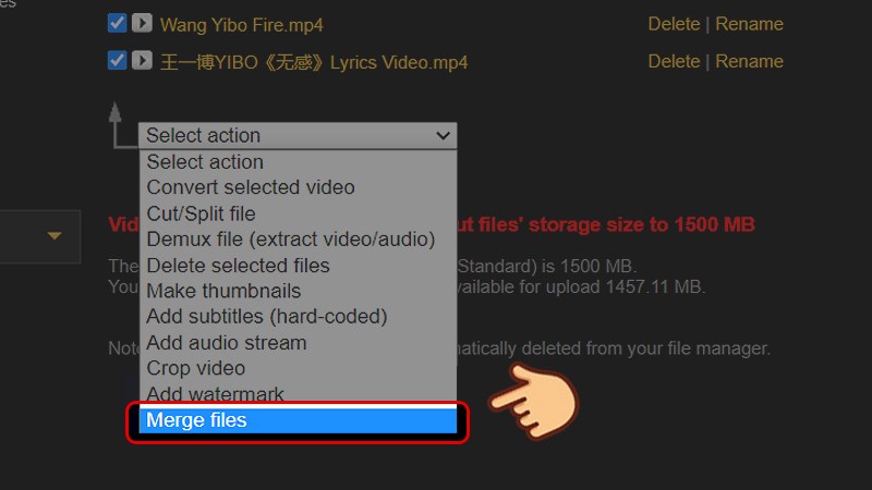Ở phần Select Action, chọn Merge Files