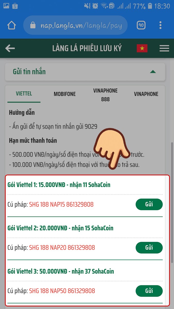 Chọn Gửi bên cạnh gói nạp bạn muốn