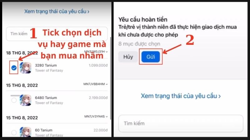 Chọn dịch vụ hoặc ứng dụng game mà bạn chọn nhầm > Chọn “Gửi” > Hoàn thành 