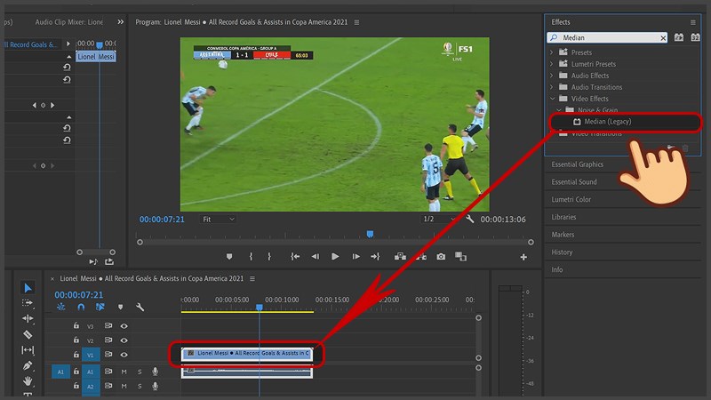 Nhấn và kéo thả hiệu ứng Median (Legacy) vào frame video