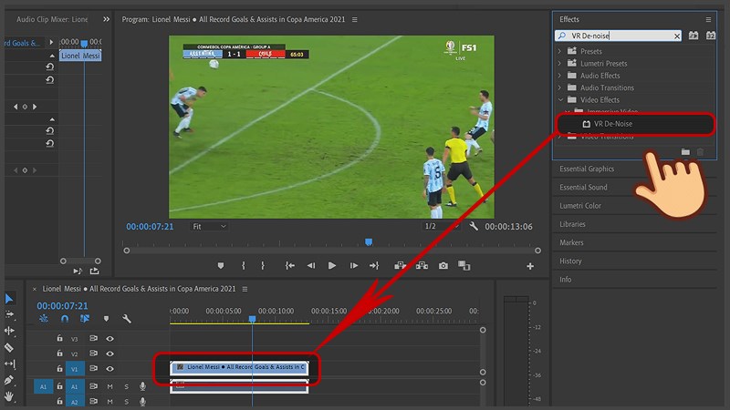 Nhấn và kéo thả hiệu ứng VR De-Noise vào frame video