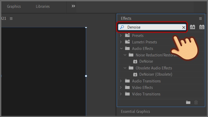 Ở tab Effects bên phải bạn nhập Denoise vào ô tìm kiếm