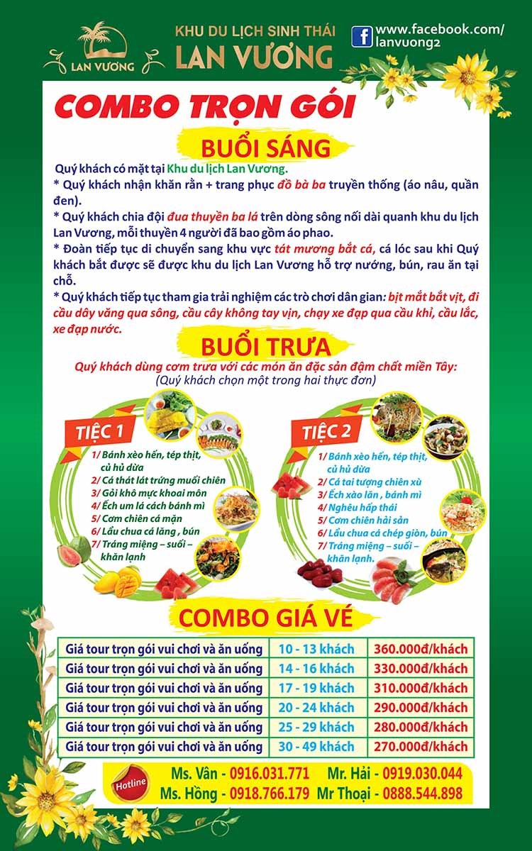 Combo trọn gói áp dụng cho khách đoàn từ 10 người - khu du lịch Lan Vương
