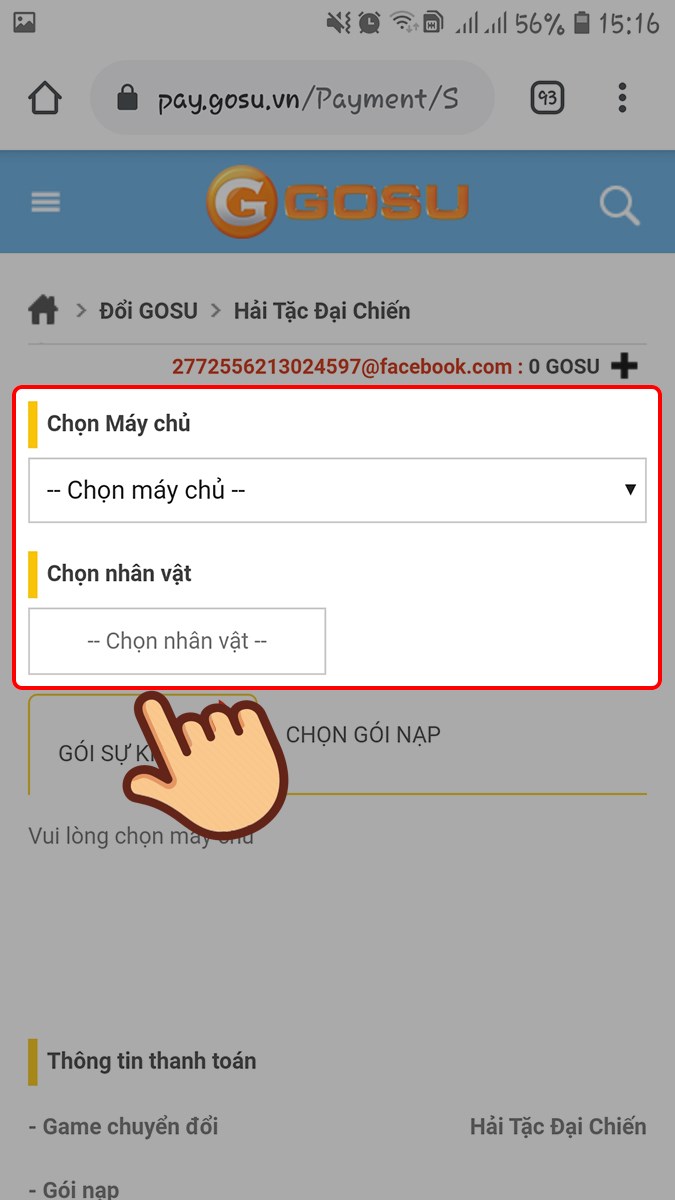 Chọn Server và tên nhân vật