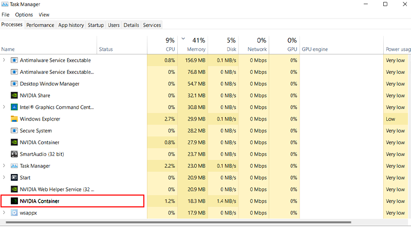 NVIDIA Container hiện trên Task manager. NVIDIA Container hiện trên Task manager.