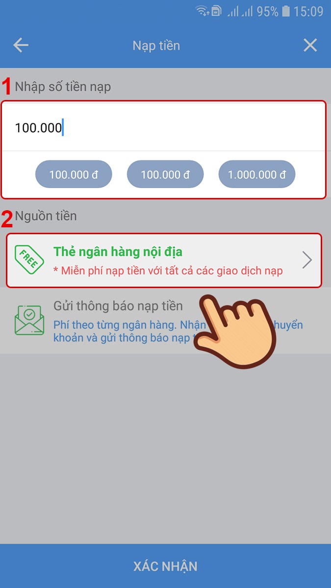 Chọn số tiền nạp, chọn tiếp Thẻ ng&acirc;n h&agrave;ng nội địa