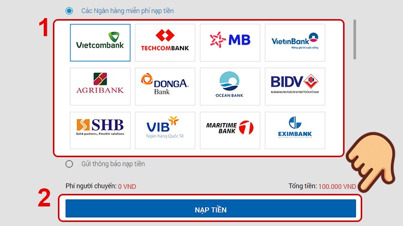 Chọn ng&acirc;n h&agrave;ng v&agrave; chọn Nạp tiền