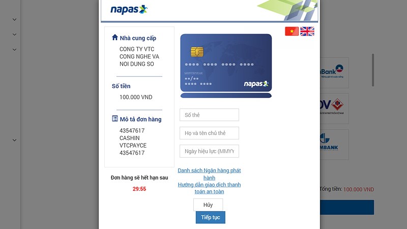 Điền đầy đủ c&aacute;c th&ocirc;ng tin thẻ v&agrave; chọn Tiếp tục