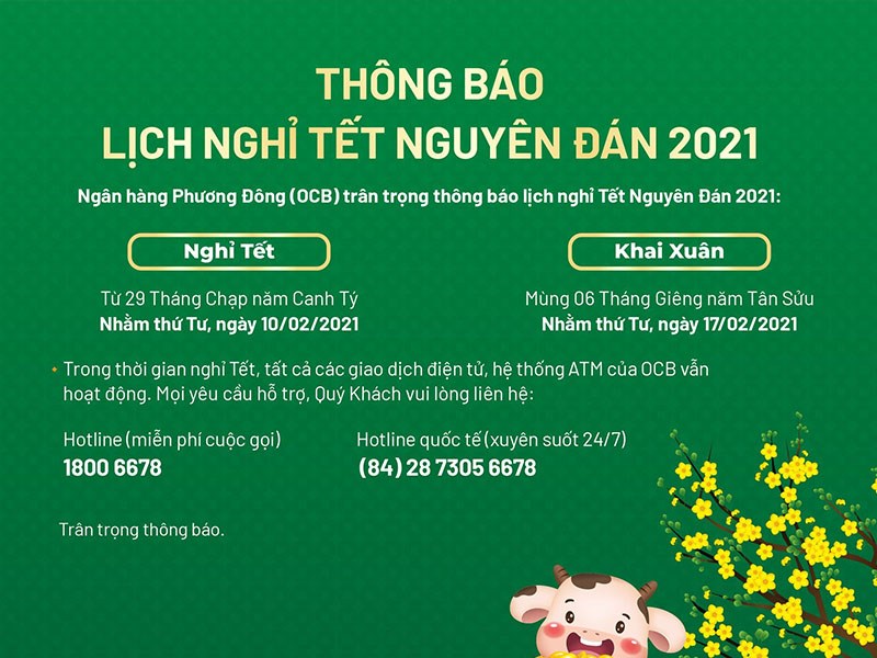 Lịch nghỉ tết OCB