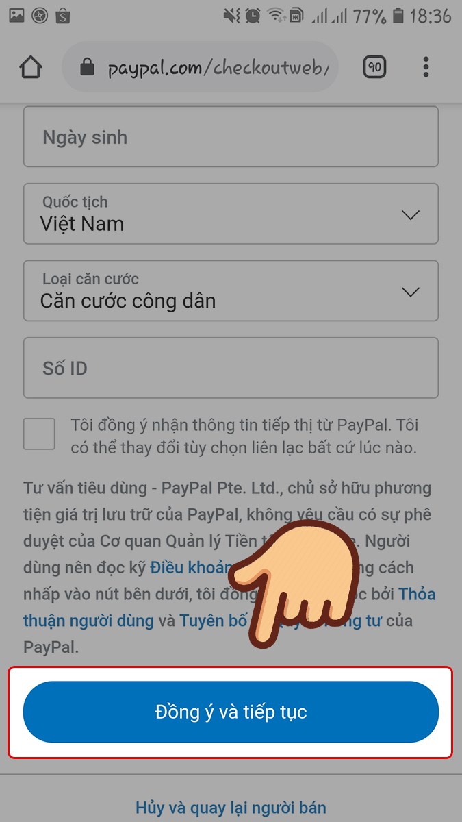 Điền đầy đủ thông tin và chọn Đồng ý và tiếp tục để tiến hành thanh toán