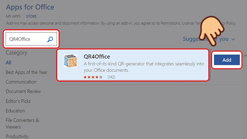 Gõ từ khóa QR4Office vào ô tìm kiếm rồi chọn Add (thêm) bên cạnh phần bổ trợ đó
