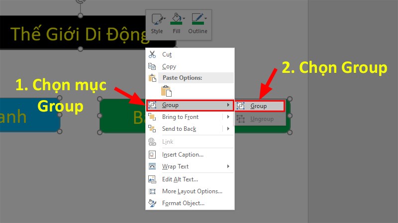 Nhấn chuột phải vào hình đã chọn > Nhấn vào mục Group > Chọn Group