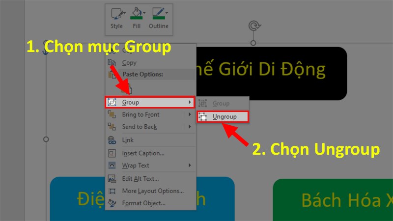 Nhấn chuột phải vào các hình đã được Group > Chọn mục Group > Chọn UnGroup
