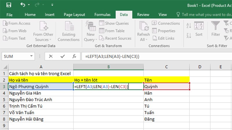 Cách tách họ và tên thành cột riêng trong Excel đơn giản