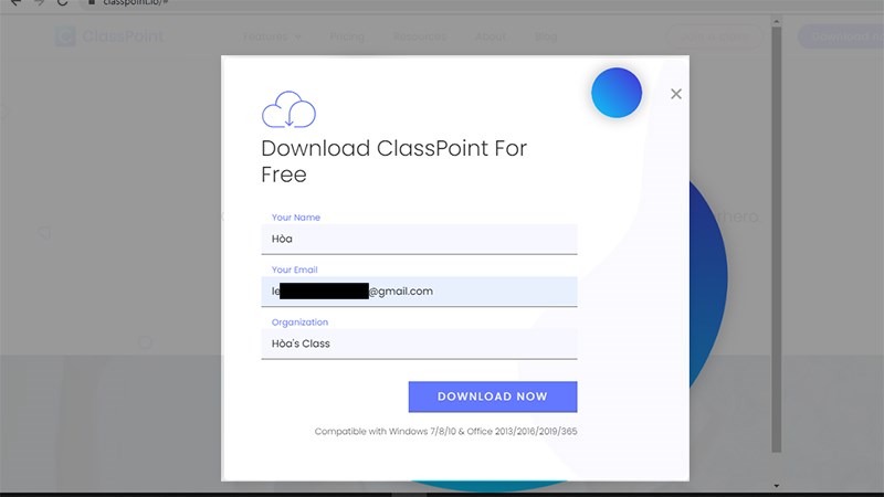 Nhập thông tin theo yêu cầu của Classpoint > Nhấn DOWNLOAD NOW