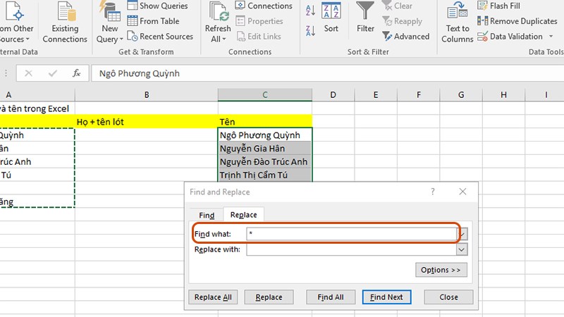 Cách tách họ và tên thành cột riêng trong Excel đơn giản