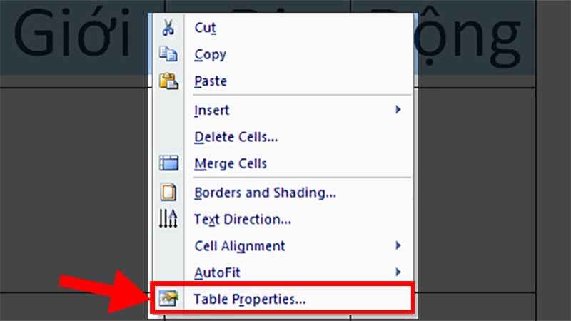 Nhấn chuột phải vào dòng được bôi đen > Chọn Table Properties…