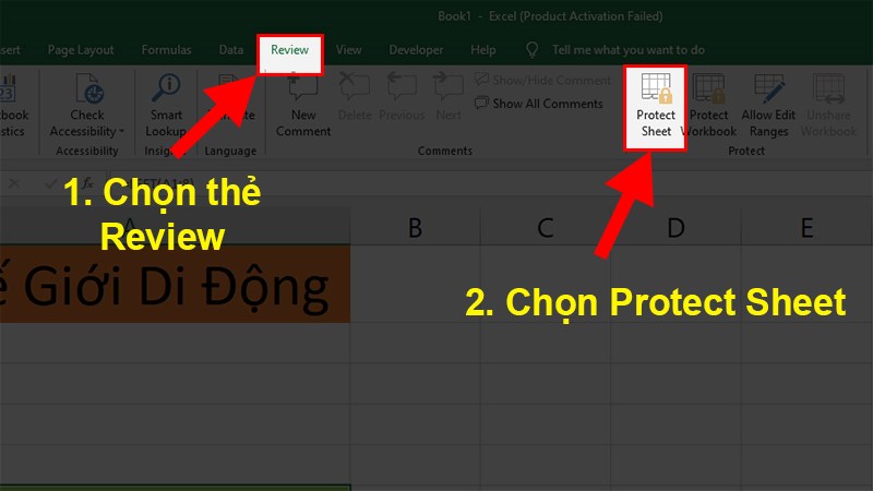 Vào thẻ Review > Chọn Protect Sheet