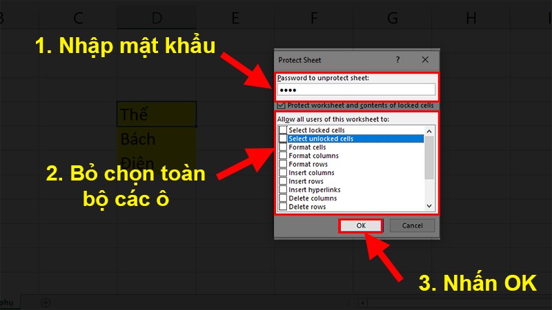 Nhập mật khẩu và bỏ chọn tất cả các ô bên dưới