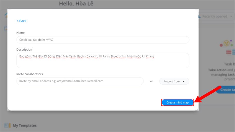 Nhập thông tin cho sơ đồ của bạn > Nhấn Create mind map