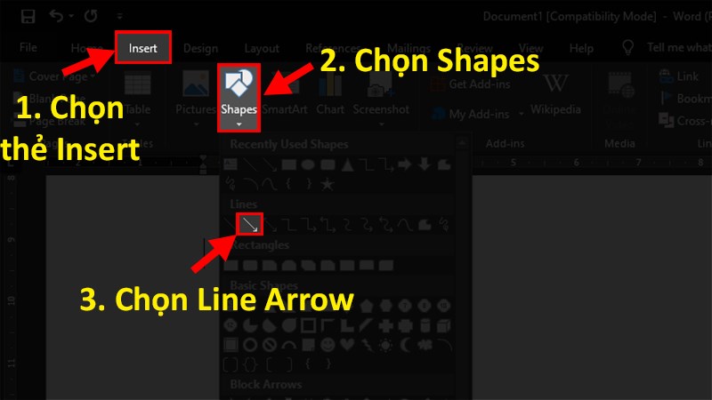 Vào thẻ Insert > Chọn Shapes > Chọn Line Arrow (mũi tên)
