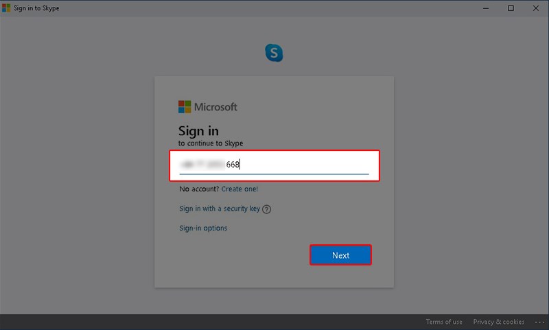 Nhập Email/Số điện thoại/ID Skype và nhấn Next