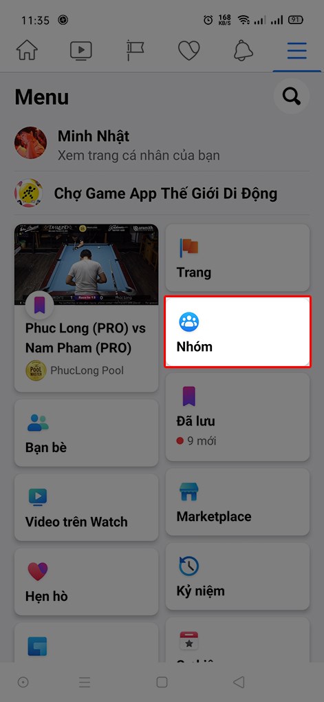 Chọn mục nhóm trong menu