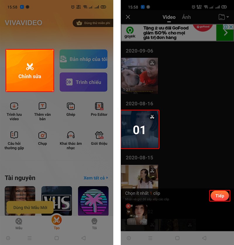 Nhấn chỉnh sửa và chọn video cần cắt