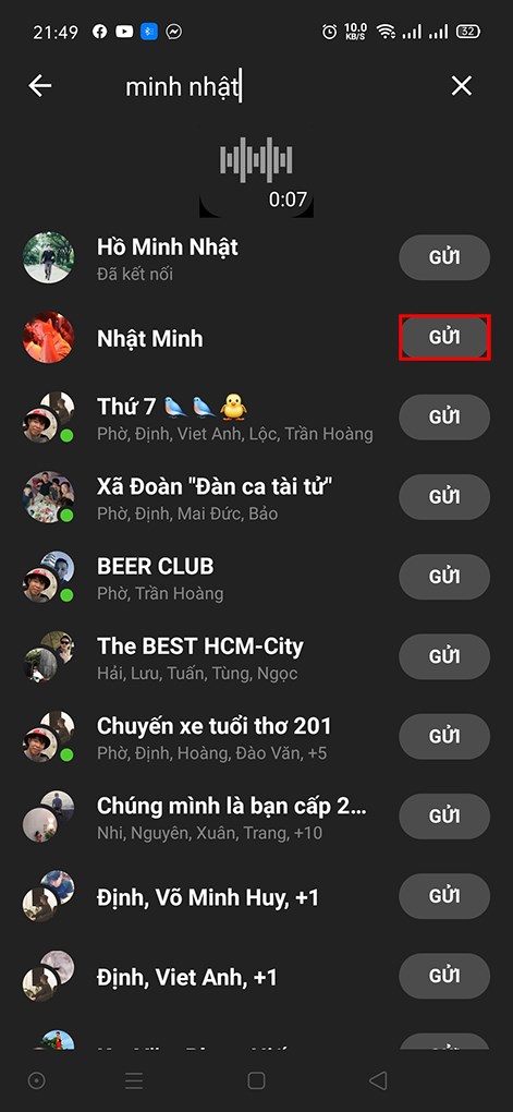 Chọn tài khoản và nhấn gửi 