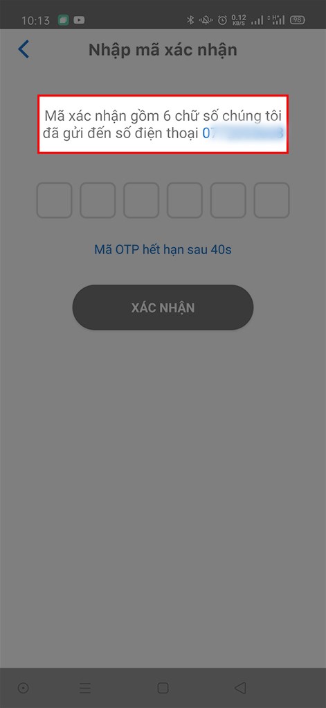 Số điện thoại hiện ở bước xác nhận OTP