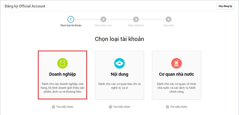 Chọn loại tài khoản doanh nghiệp