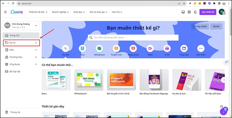 Truy cập vào Canva trên trình duyệt web. Sau đó Click chuột vào tab Dự án