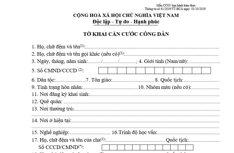 Tờ khai điện tử cấp CCCD
