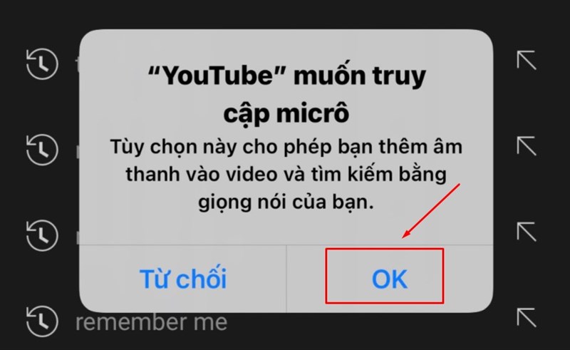 Nhấn OK để cho phép YouTube truy cập Micro