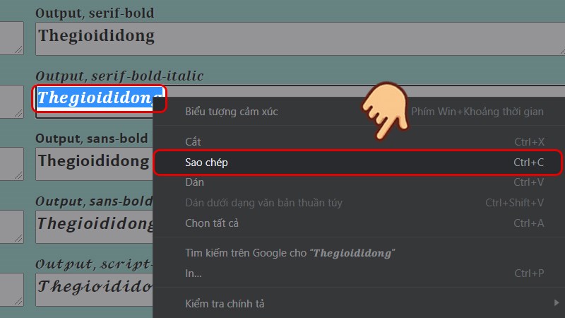 Lựa chọn kiểu chữ bạn muốn, kế tiếp h&atilde;y b&ocirc;i đen v&agrave; nhấn chuột phải chọn Sao ch&eacute;p hoặc bạn nhấn tổ hợp ph&iacute;m Ctrl + C