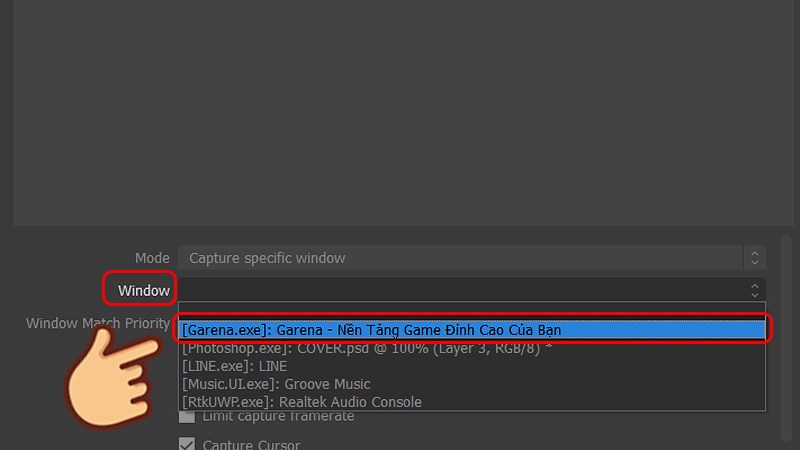 Tại mục Windows chọn cửa sổ cần phát stream
