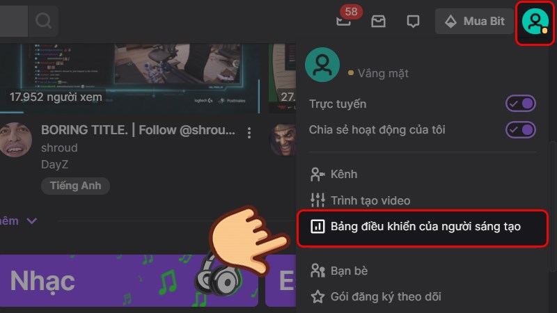 Nhấn vào tên tài khoản rồi chọn Bảng điều khiển của người sáng tạo