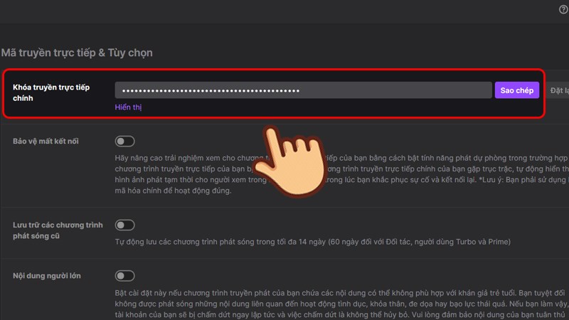 Nhấn Sao chép ở mục Khóa truyền trực tiếp chính