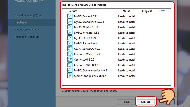 Bộ cài hiển thị danh sách các gói sẽ được cài vào, chọn Execute