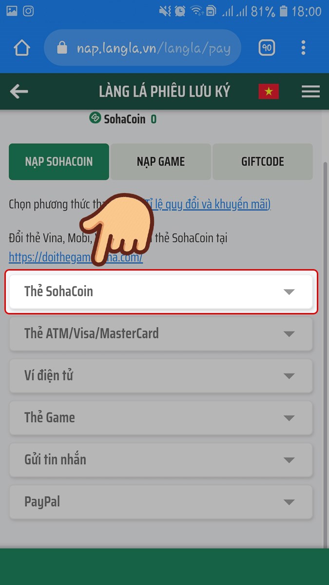 Chọn phương thức là Thẻ Sohacoin