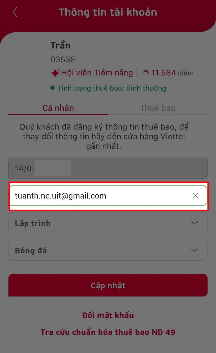 Thay đổi địa chỉ email trên My Viettel  