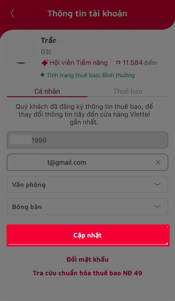 Nhấn Cập nhật để lưu thay đổi