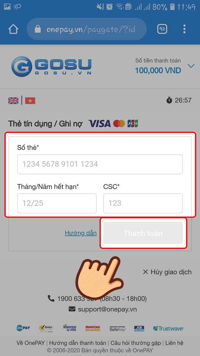 Điền Số thẻ, Tháng/năm hết hạn, CSC và chọn Thanh toán