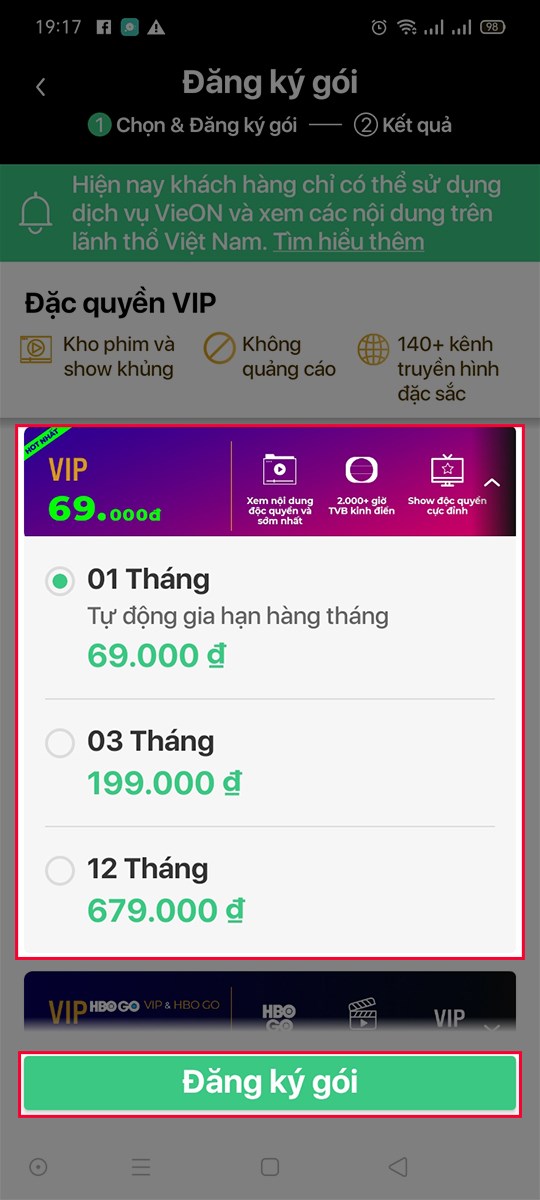 Lựa chọn gói cước phù hợp và nhấn vào 
